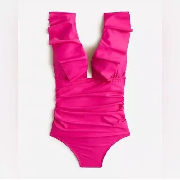 J. Crew Ruched ruffle one-piece swimsuit in Radiant Fuchsia - Picture 2 of 9
